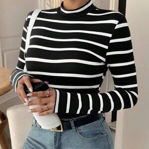 NEW!  Size M or L Striped Mock Neck Tee